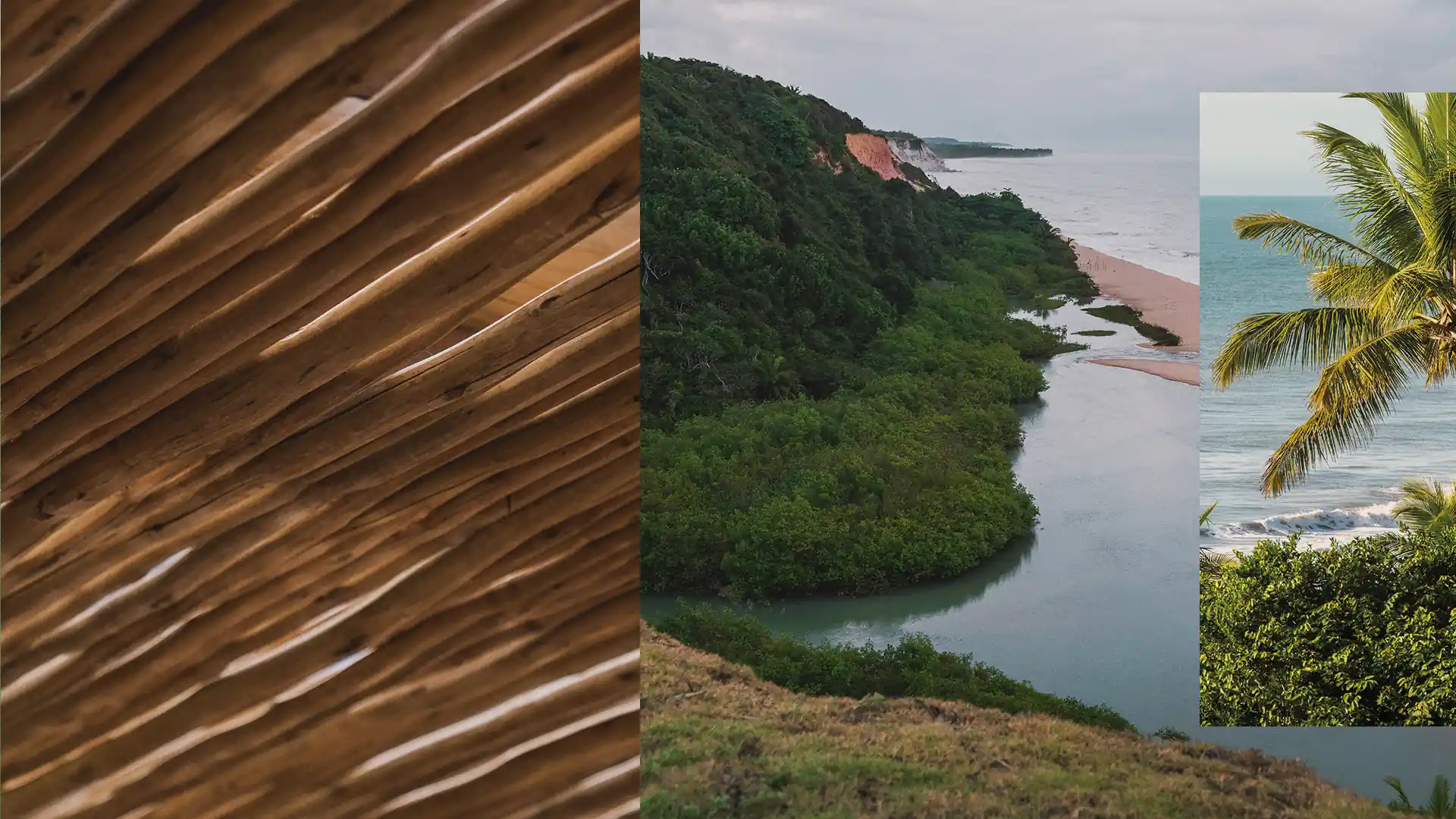 Colagem fotográfica da Praia de Taípe mostrando detalhes de arquitetura em madeira natural, o encontro do rio com o mar e coqueirais sob o céu de Trancoso, Bahia.