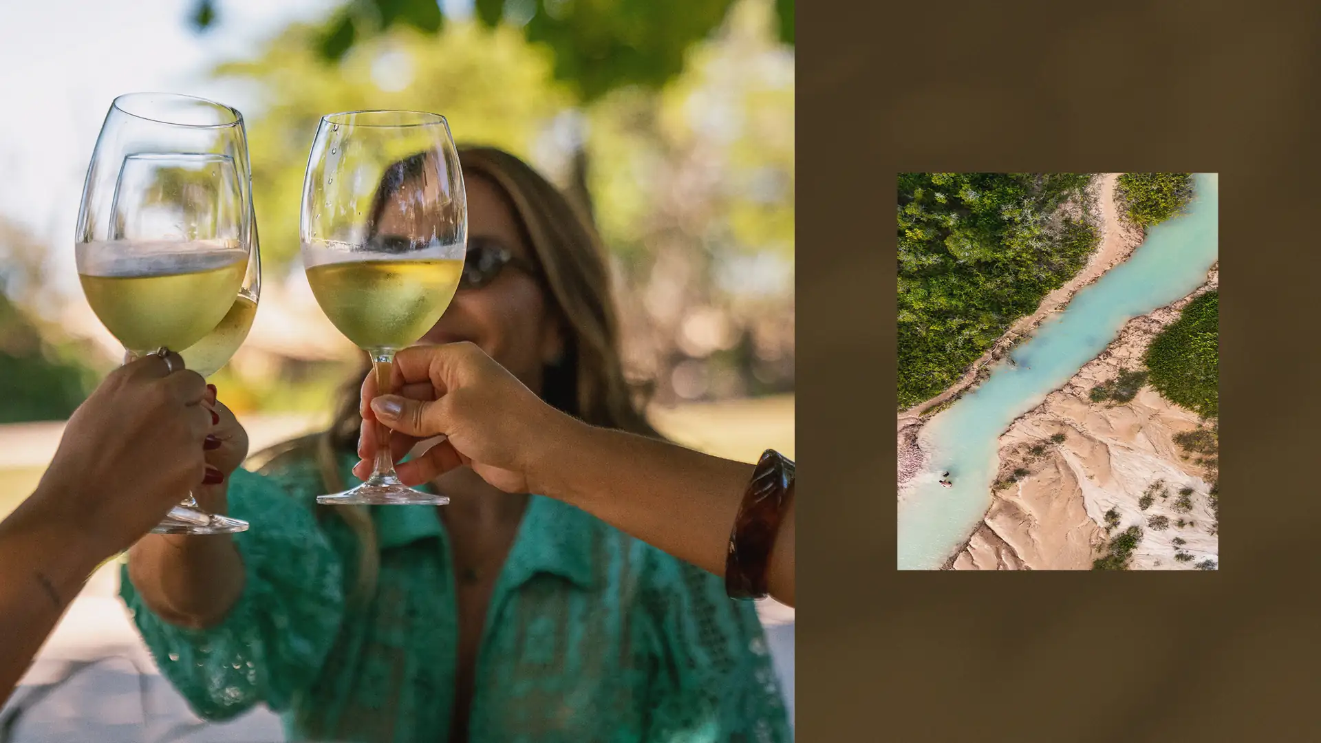Celebração com brinde de vinho branco em Trancoso, com detalhe de imagem aérea do Rio da Barra e Praia do Taipe.