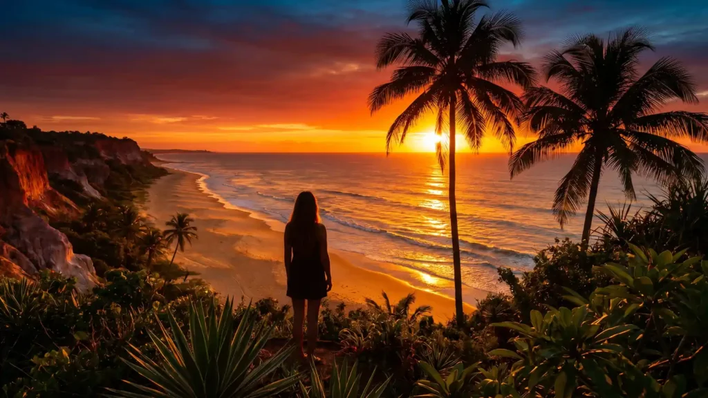 Pôr do sol dourado sobre as falésias de Taípe, em Trancoso, Bahia