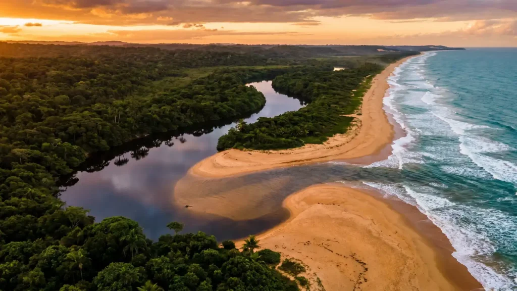 Encontro do rio com o mar visto do alto, em Trancoso, Bahia