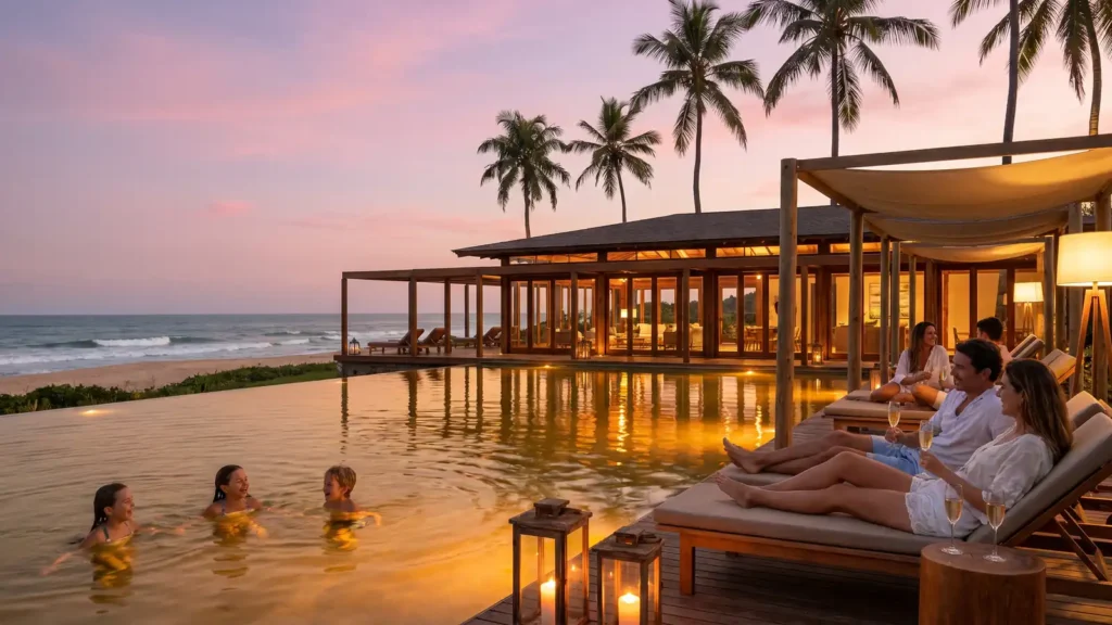 Família aproveitando a piscina ao pôr do sol em Taípe, Trancoso