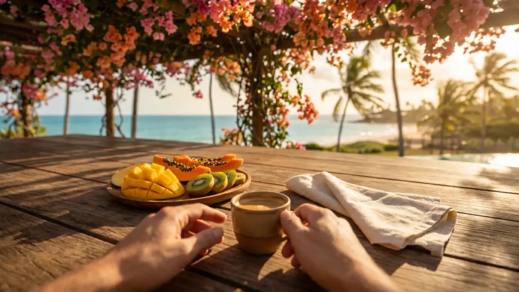 Café da manhã com vista para o mar em Taípe, Trancoso, Bahia