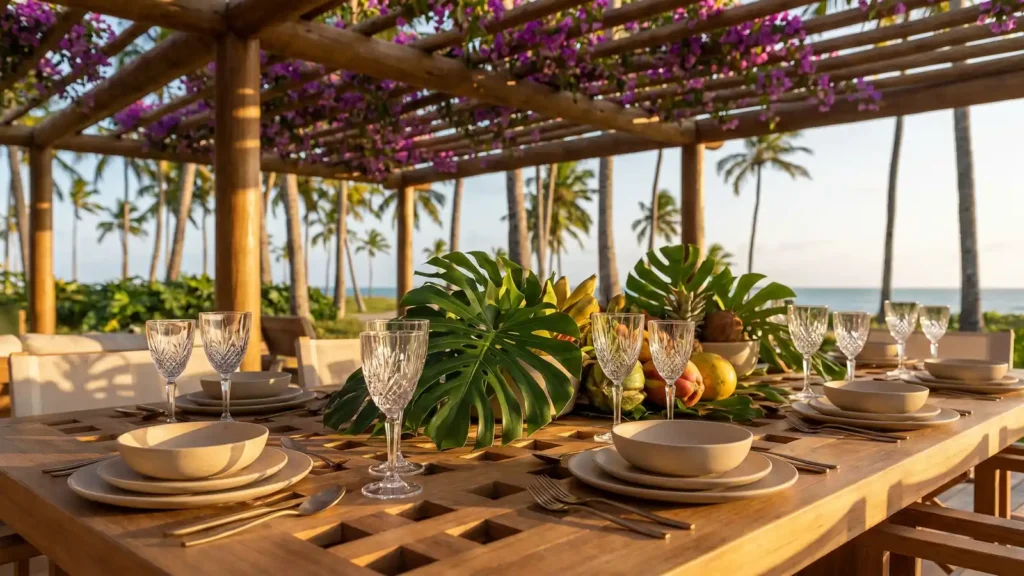 Mesa posta com frutas tropicais diante do mar em Taípe, Trancoso