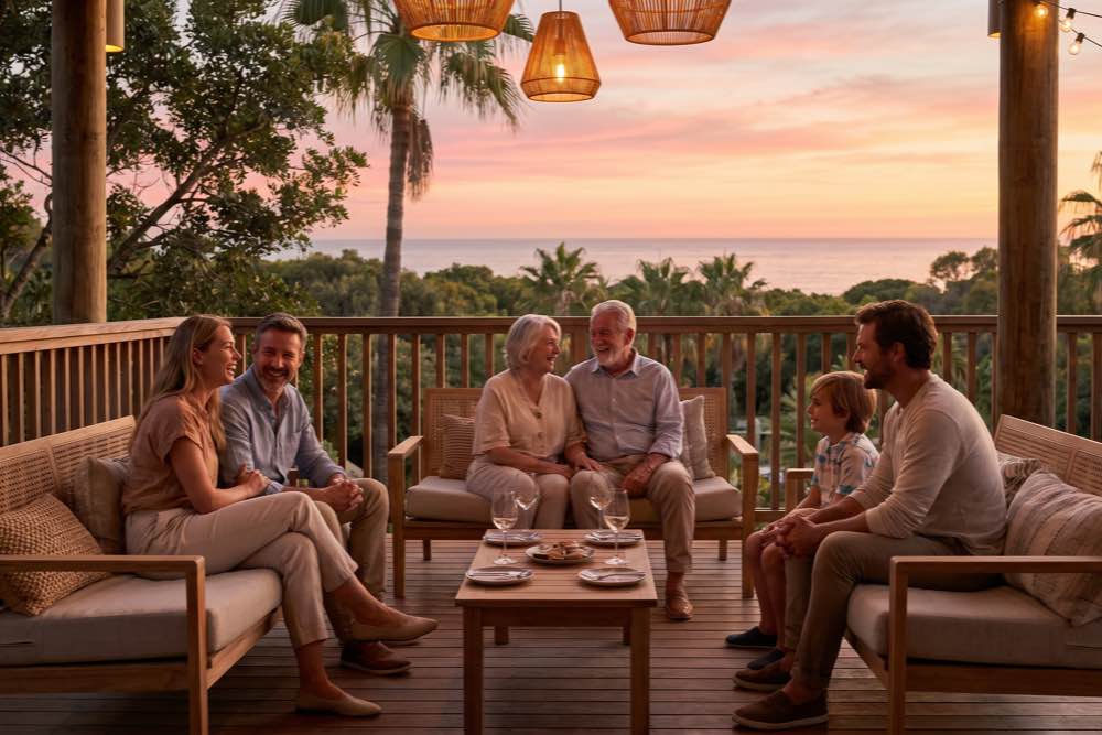 Três gerações de uma família reunidas em momento de convívio diante da Mata Atlântica e do mar, na Praia de Taípe, em Trancoso, Bahia