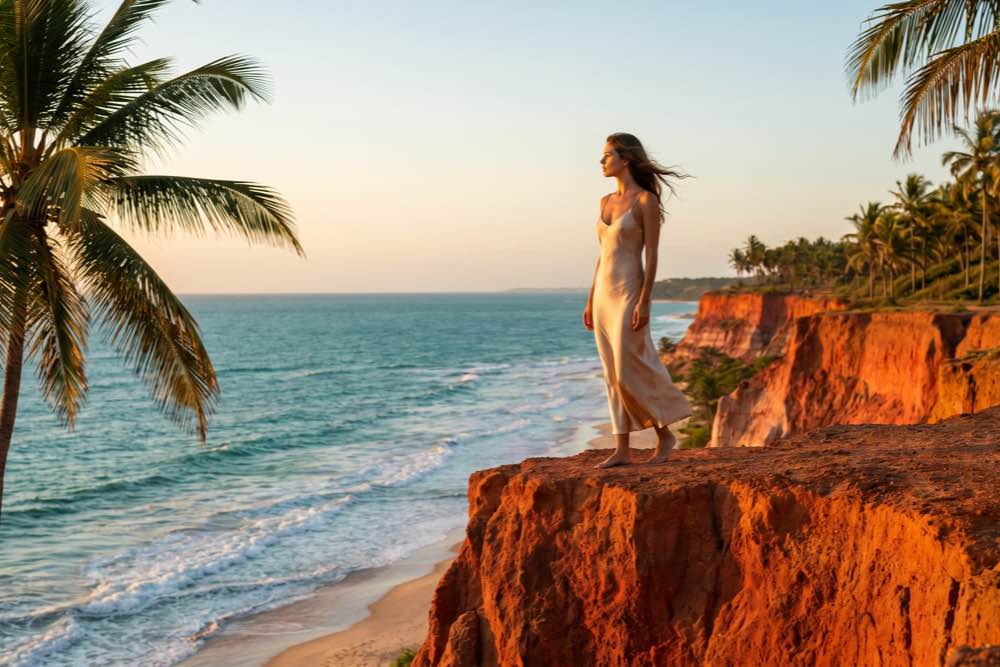 Imagem cinematográfica das falésias coloridas descendo até o mar na Praia de Taípe, Trancoso, Bahia
