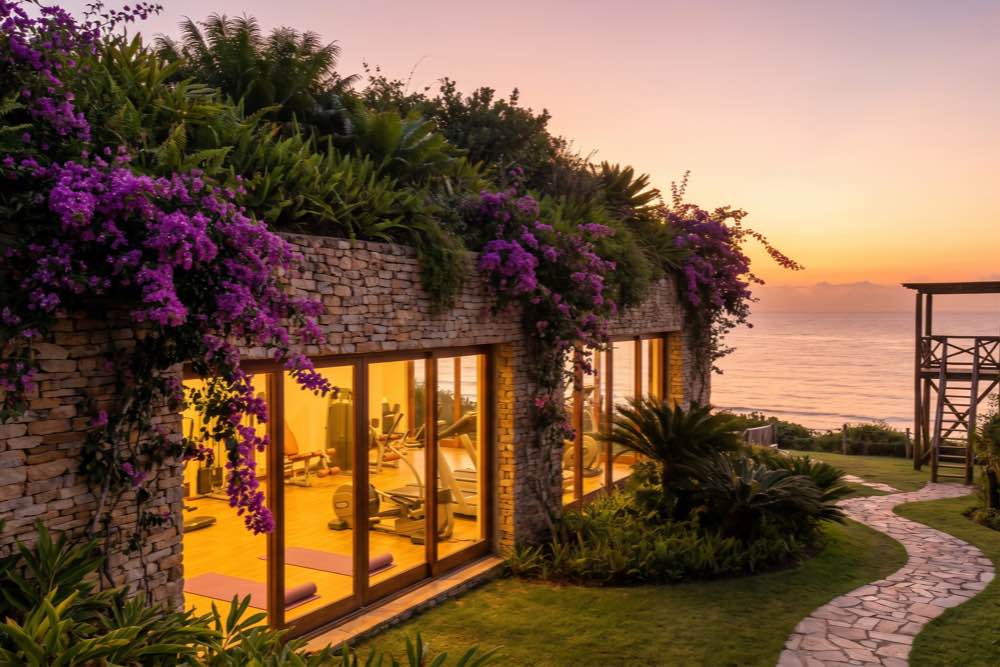 Pavilhão de pedra integrado à Mata Atlântica e às falésias da Praia de Taípe, Trancoso, Bahia, na assinatura das áreas comuns por David Bastos