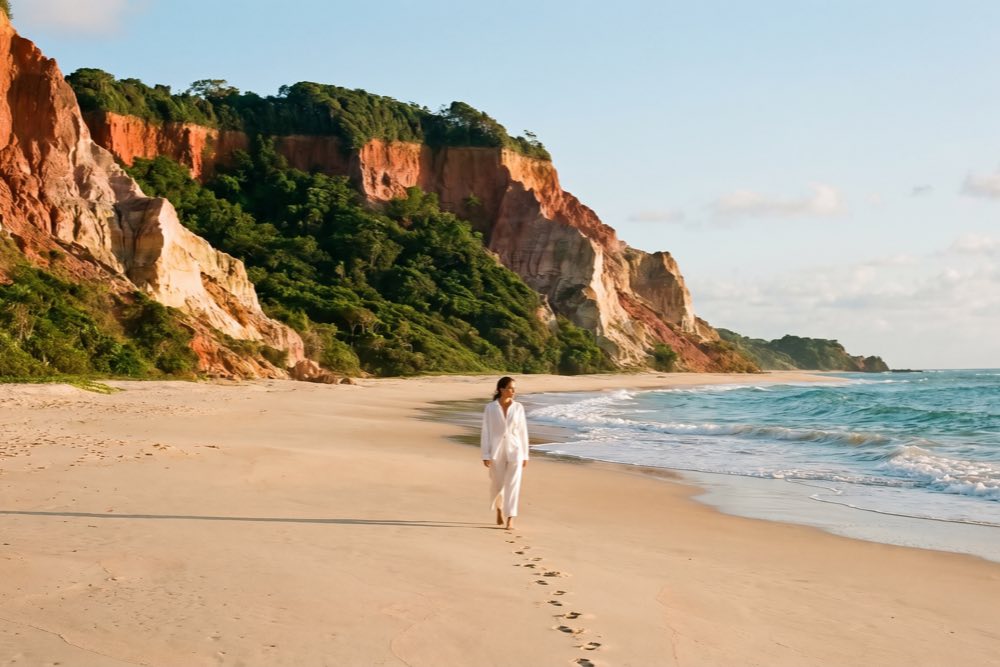 Praia íntima e resguardada entre falésias na região de Trancoso, litoral sul da Bahia