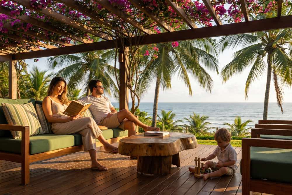 Cena íntima de família em momento de lazer ao ar livre, em meio à natureza preservada da Praia de Taípe, em Trancoso, Bahia