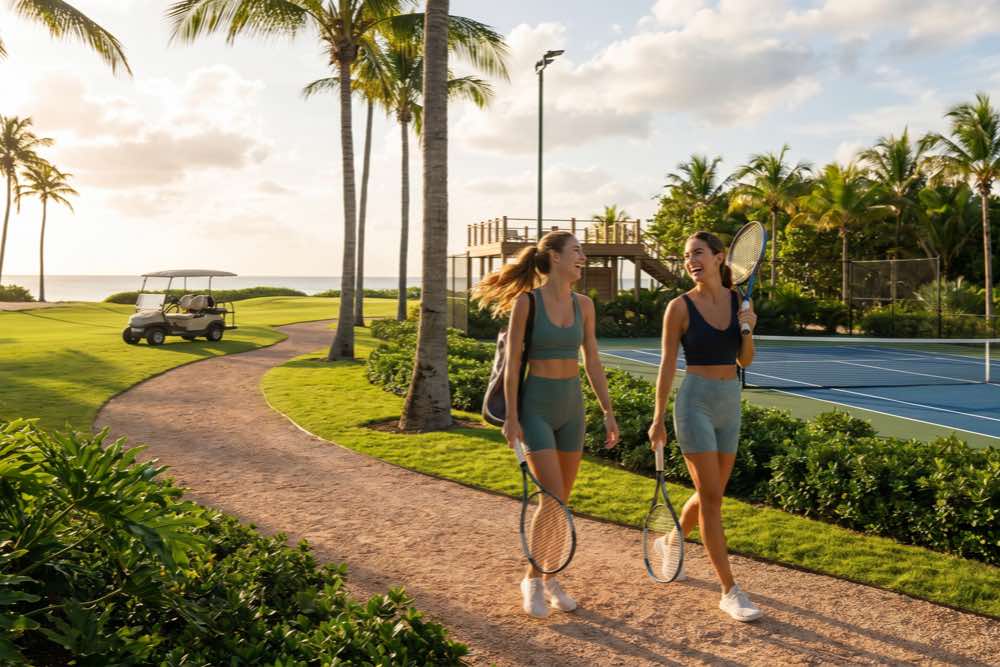 Cena de lifestyle esportivo ao ar livre sob a luz dourada do litoral baiano, na Praia de Taípe, Trancoso, Bahia
