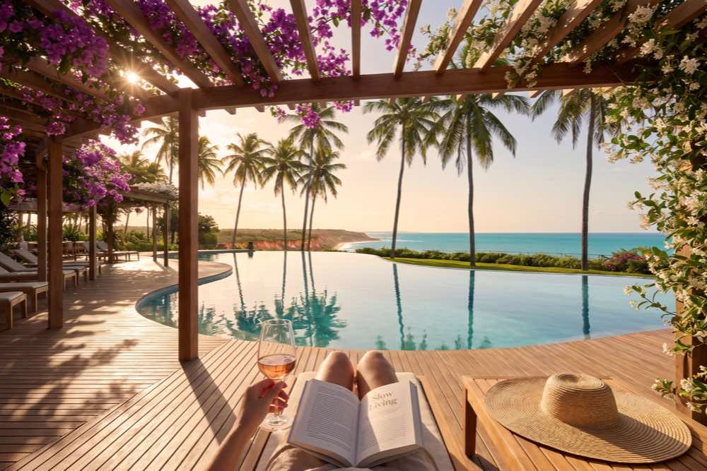 Fim de dia contemplativo sob pergolado, com taça e leitura, diante do horizonte da Praia de Taípe, em Trancoso, Bahia