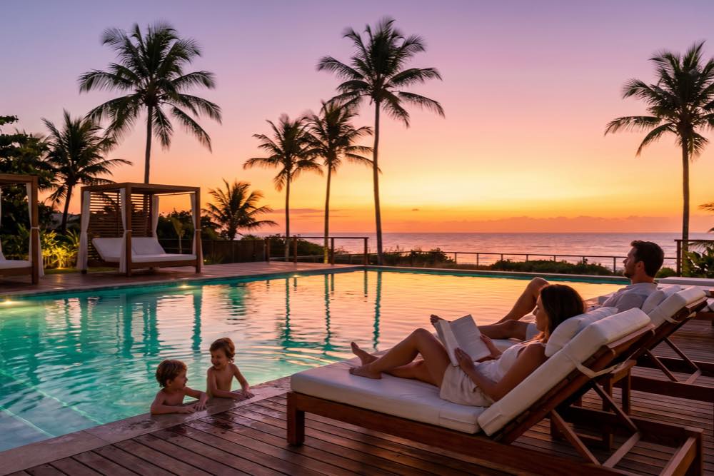 Família reunida em ambiente sereno e privativo do refúgio à beira-mar, na Praia de Taípe, em Trancoso, Bahia