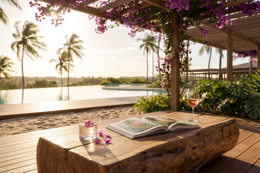 Detalhe de ambiente ao ar livre com materiais nobres e luz dourada no alto das falésias da Praia de Taípe, Trancoso, Bahia