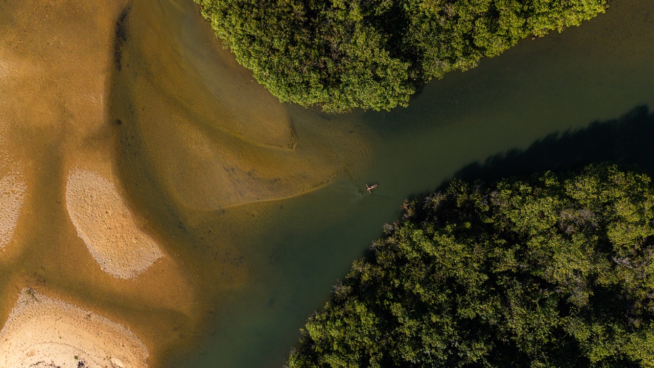 Encontro de um rio com o mar em meio à Mata Atlântica no litoral de Trancoso, visto do alto, Bahia