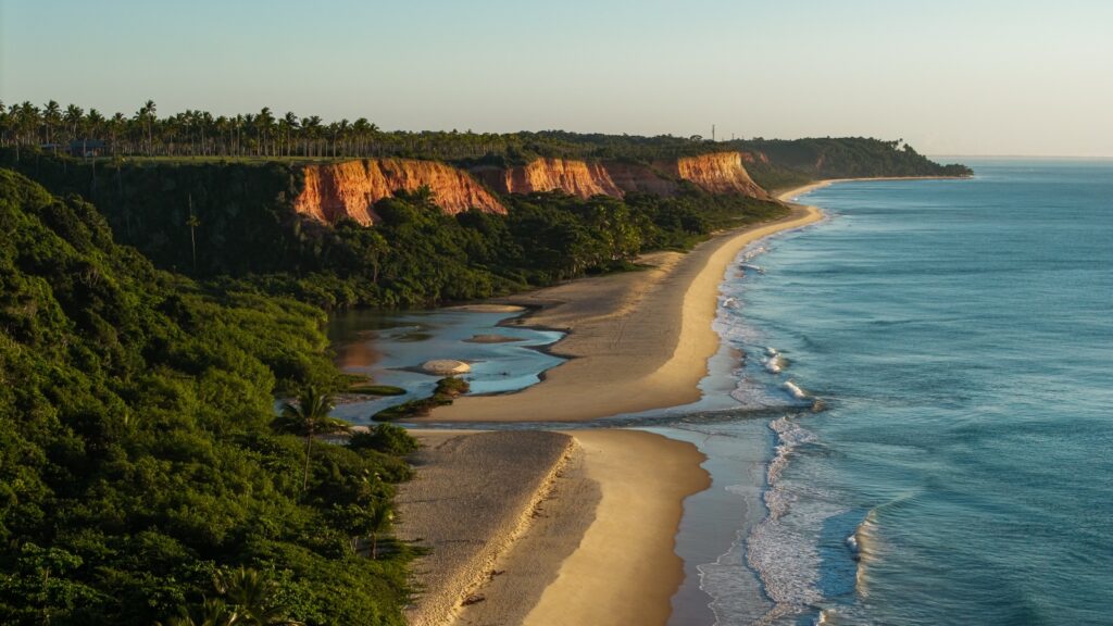 Litoral de Trancoso ao entardecer, com falésias avermelhadas, faixa de areia e coqueiros, no sul da Bahia