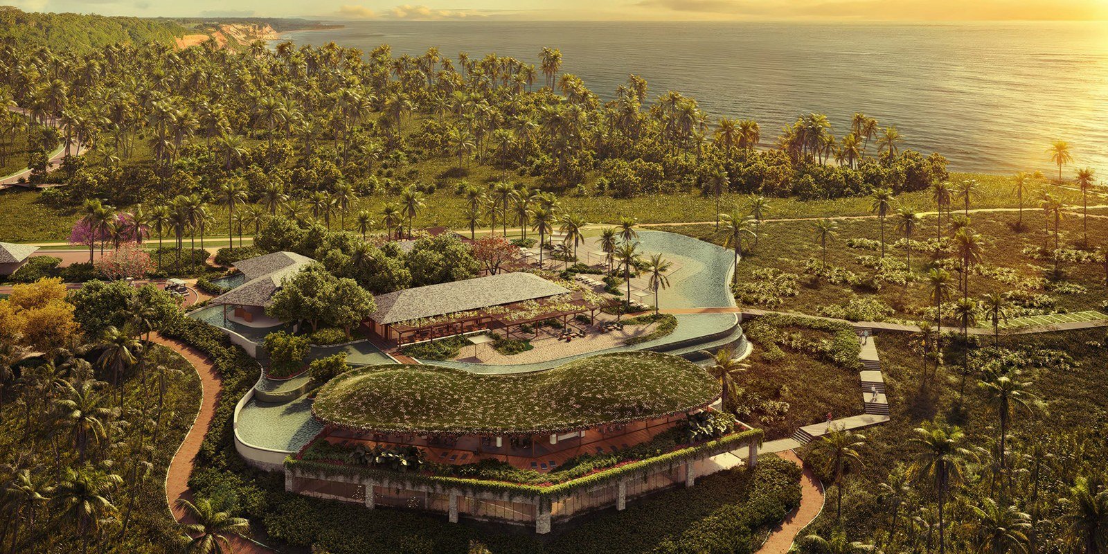 Vista aérea do Clubhouse Falésia integrado à mata, Taípe, imagem meramente ilustrativa