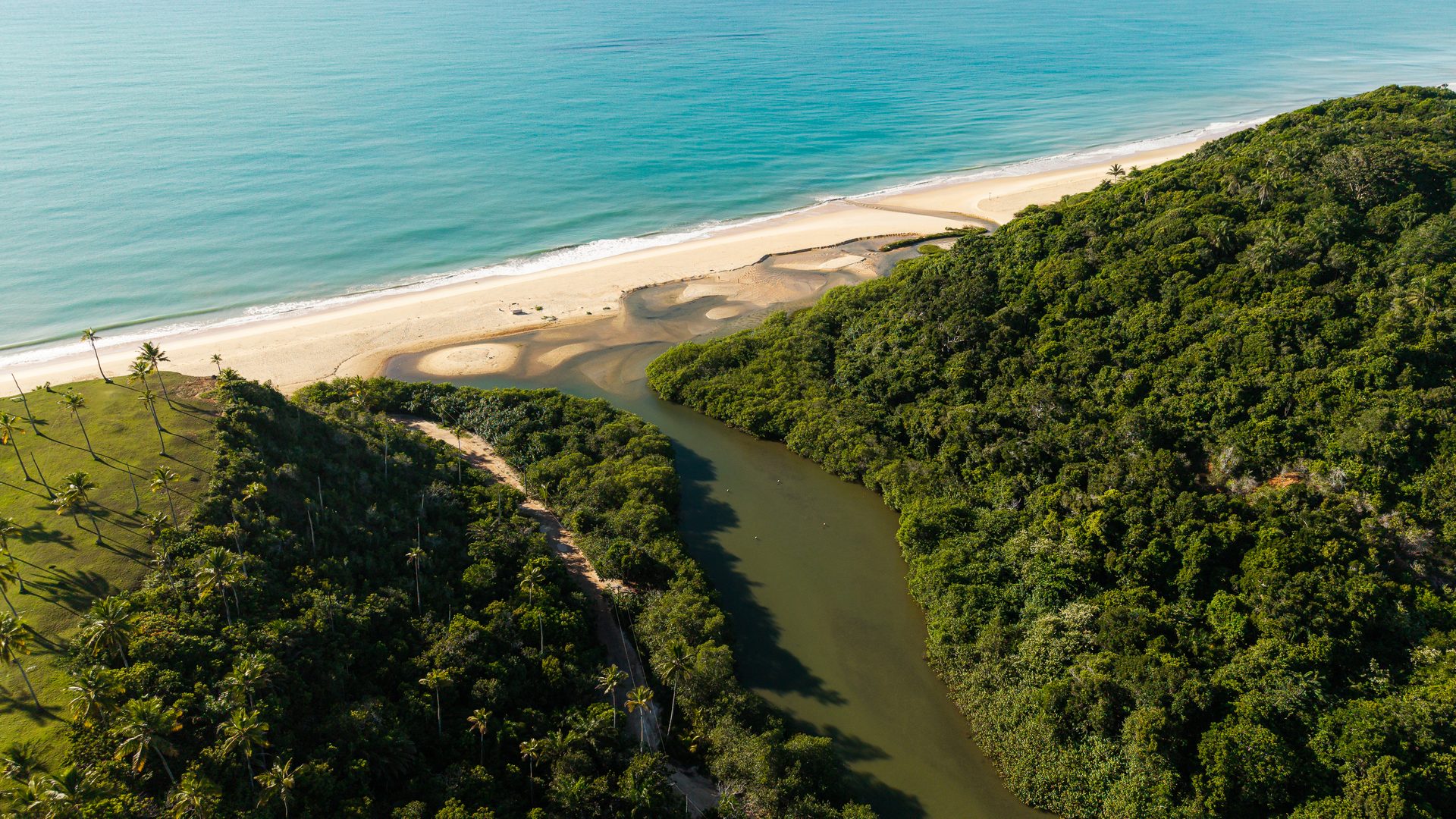 Rio sinuoso entre mata e praia, vista aérea, Trancoso, Taípe