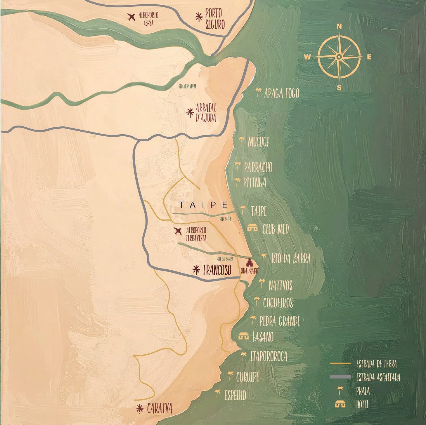 Mapa do entorno de Taípe em Trancoso, Espelho, Caraíva, Rio da Barra e o Quadrado, imagem real do local