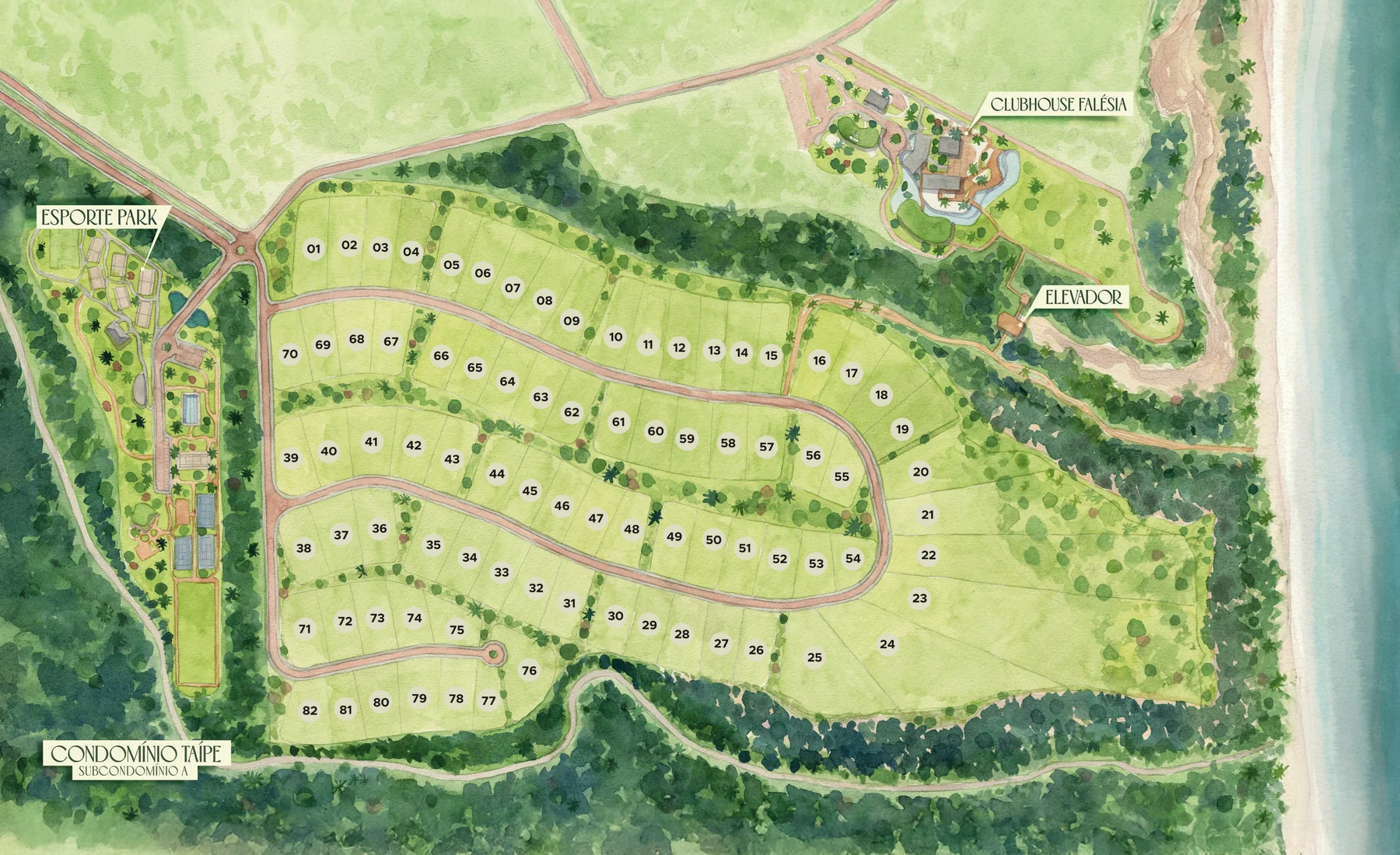 Master Plan do Condomínio Taípe, Fase A: sistema viário, Clubhouse Falésia, Esporte Park e o elevador de acesso à praia, Trancoso, Bahia