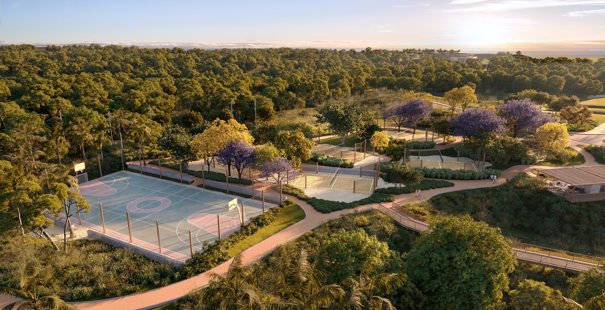 Vista aérea do Esporte Park de Taípe, com quadras de tênis e beach tennis entre jacarandás, Trancoso, Bahia · imagem meramente ilustrativa