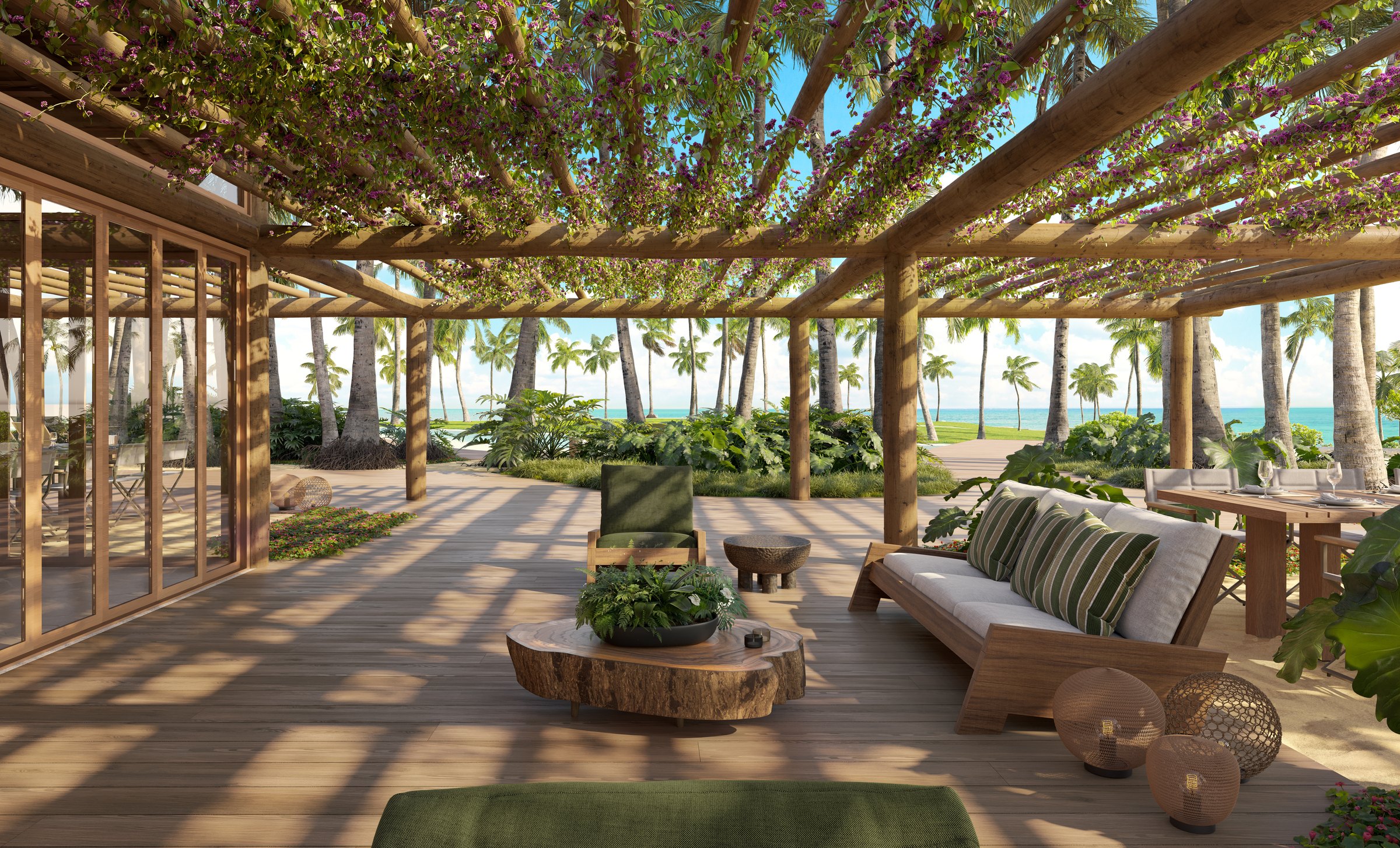 Lounge e restaurante sob a pérgola do Clubhouse Falésia, Taípe, Trancoso, Bahia · imagem meramente ilustrativa