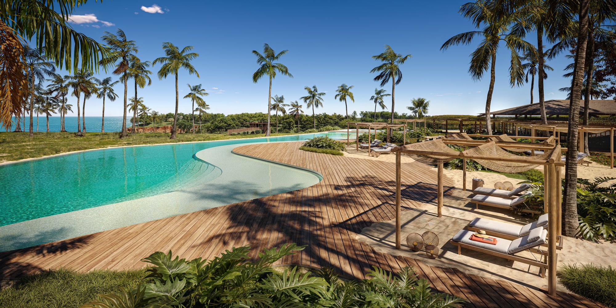 Lounge à beira da piscina do Clubhouse Falésia, Taípe, Trancoso · imagem meramente ilustrativa
