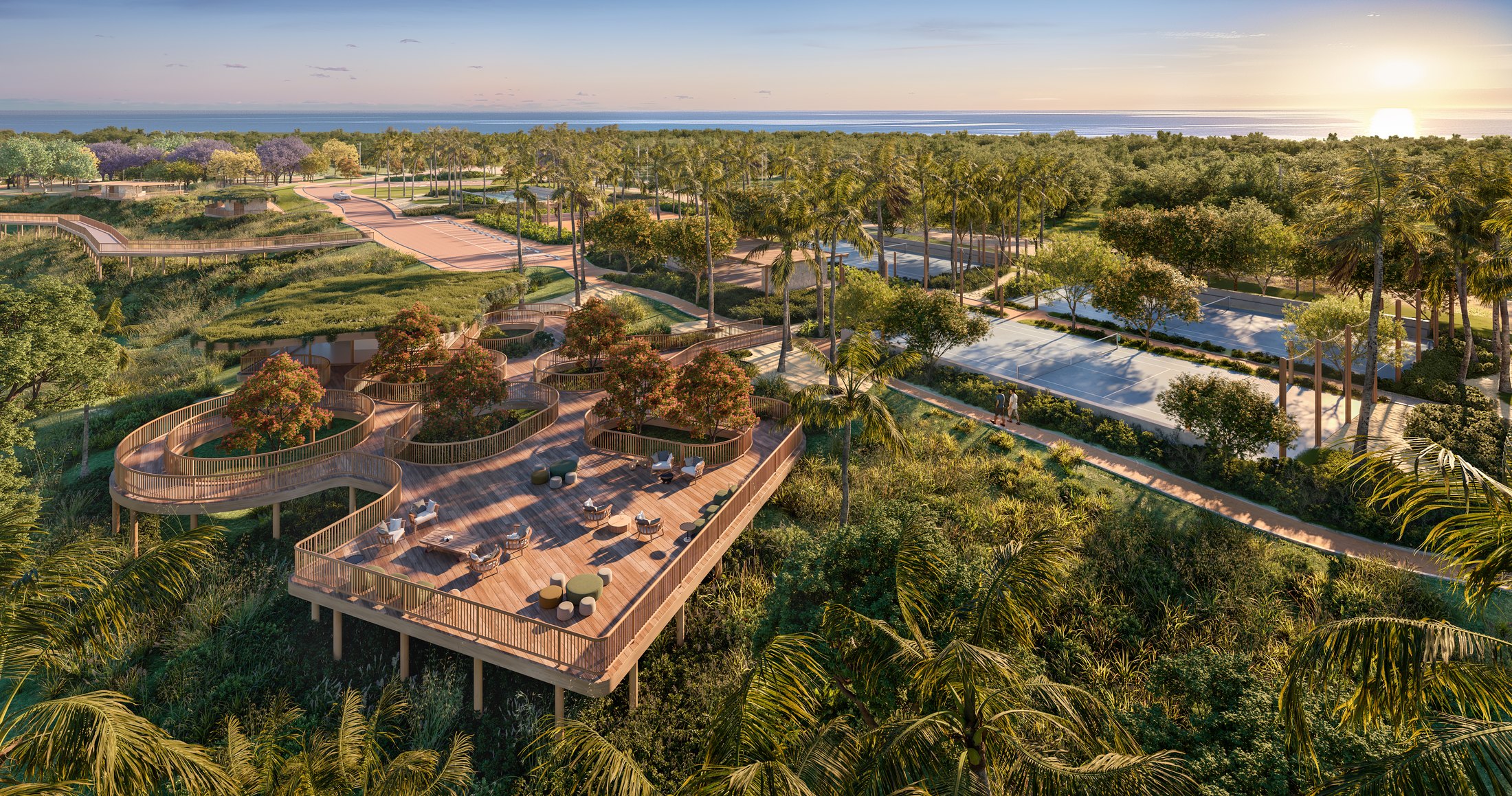 Deck e lounge do Esporte Park entre as copas das árvores, Taípe · imagem meramente ilustrativa