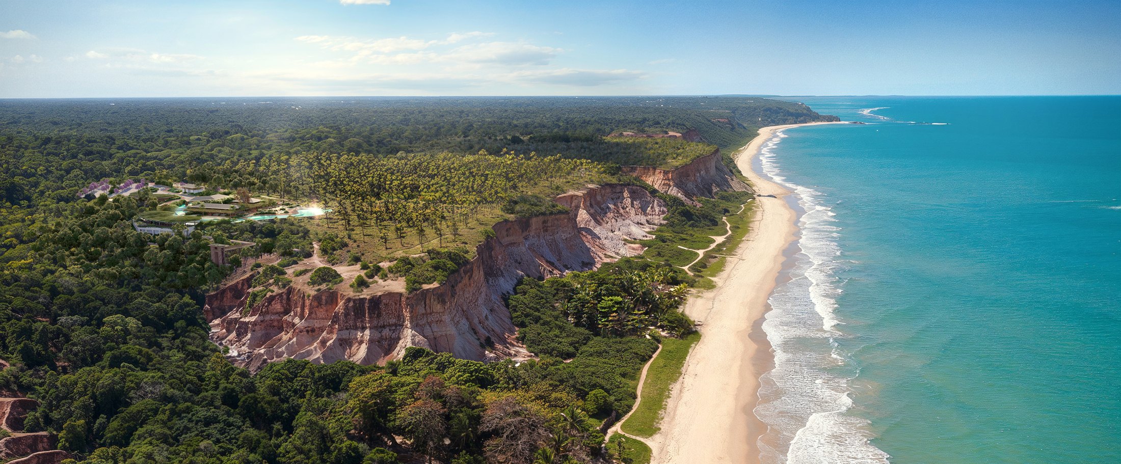 A implantação do condomínio acompanhando o relevo das falésias e a orla, Master Plan da Architects+Co, Taípe, Trancoso · imagem meramente ilustrativa