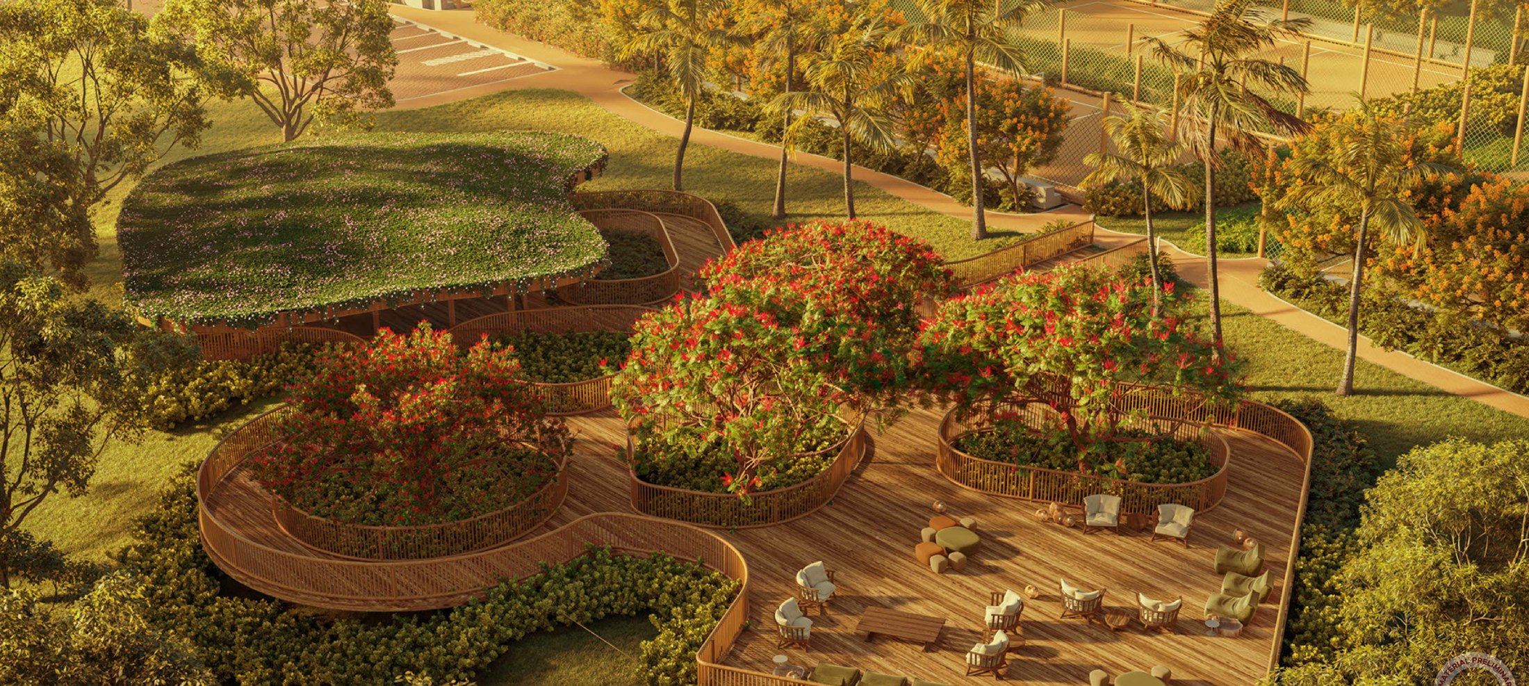 Jardim projetado com canteiros floridos e decks integrados à paisagem, paisagismo de Alex Hanazaki para Taípe, Trancoso · imagem meramente ilustrativa