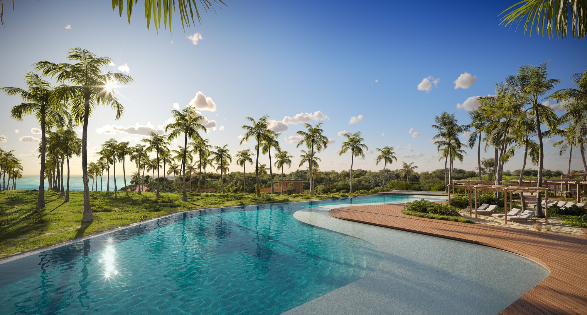 Piscina do Clubhouse Falésia entre coqueiros, Taípe · imagem meramente ilustrativa