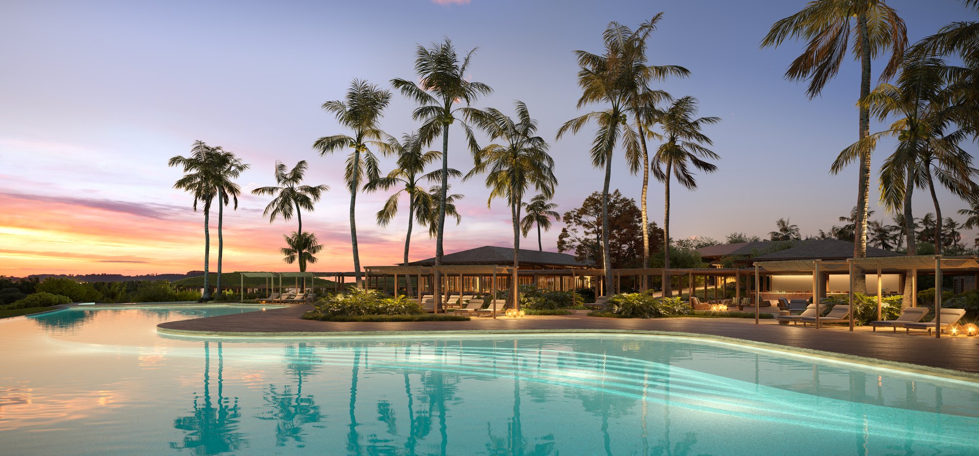 Piscina do Clubhouse Falésia ao pôr do sol, área comum assinada por David Bastos, Taípe · imagem meramente ilustrativa