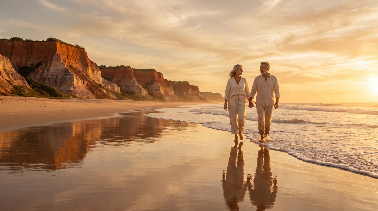 Casal caminhando na praia quase deserta ao amanhecer, Taípe, Trancoso · imagem meramente ilustrativa