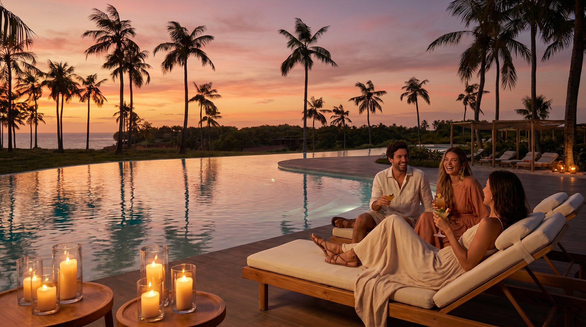 Convívio à beira da piscina ao anoitecer, Taípe, Trancoso, imagem meramente ilustrativa