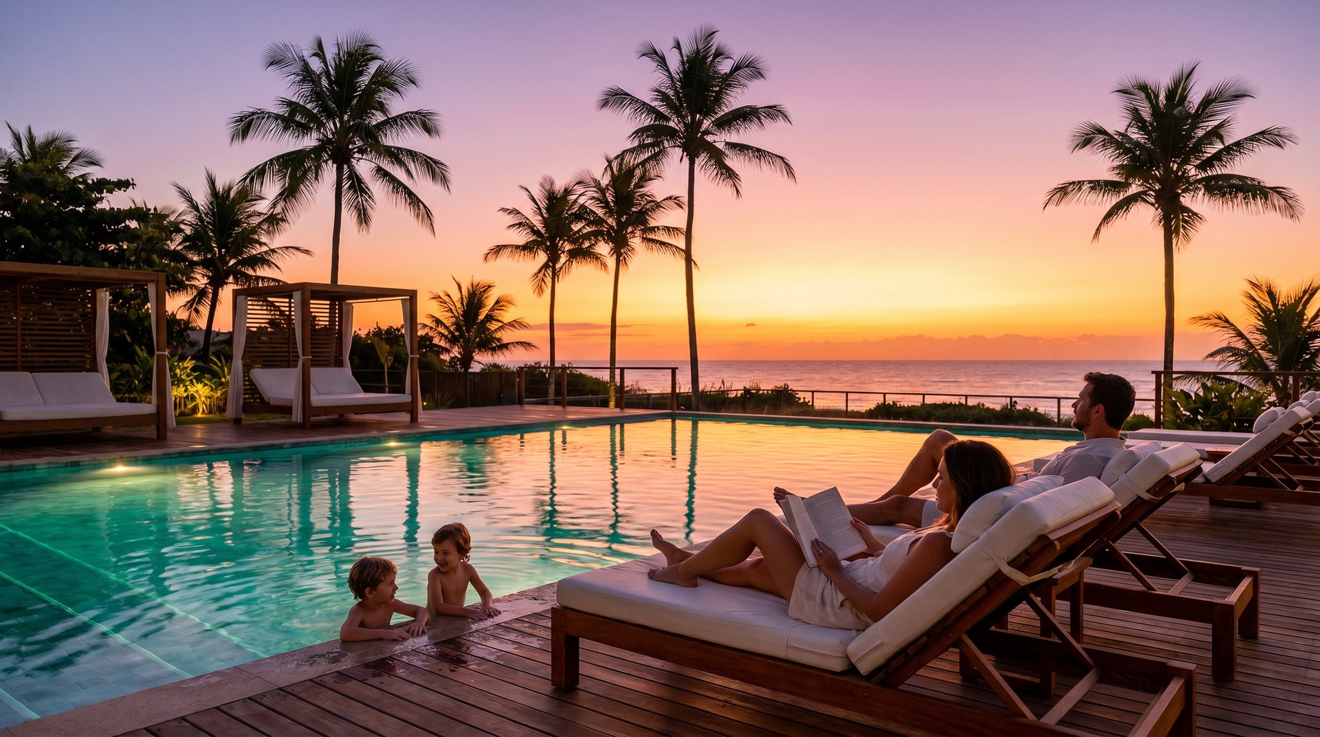 Família à beira da piscina ao pôr do sol, Taípe, Trancoso, imagem meramente ilustrativa