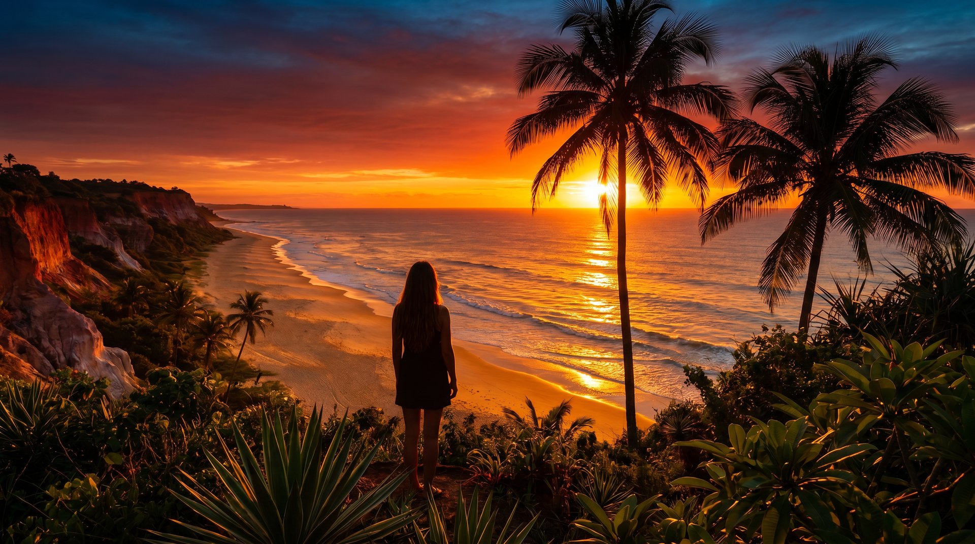 Pôr do sol entre coqueiros na praia de Taípe, Trancoso, imagem meramente ilustrativa