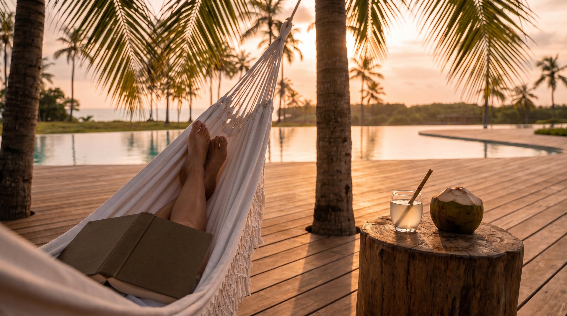 Descanso em rede no deck ao pôr do sol, Taípe, Trancoso, imagem meramente ilustrativa